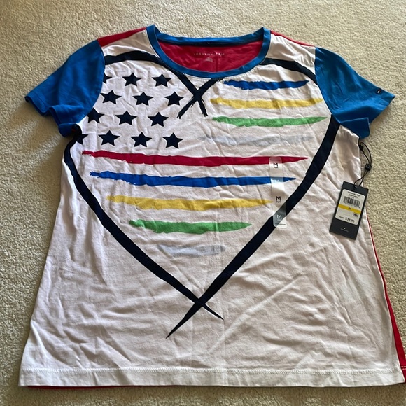 Tommy Hilfiger unisex graphic tee T-shirt multicolored printed crew neck medium - Picture 1 of 5